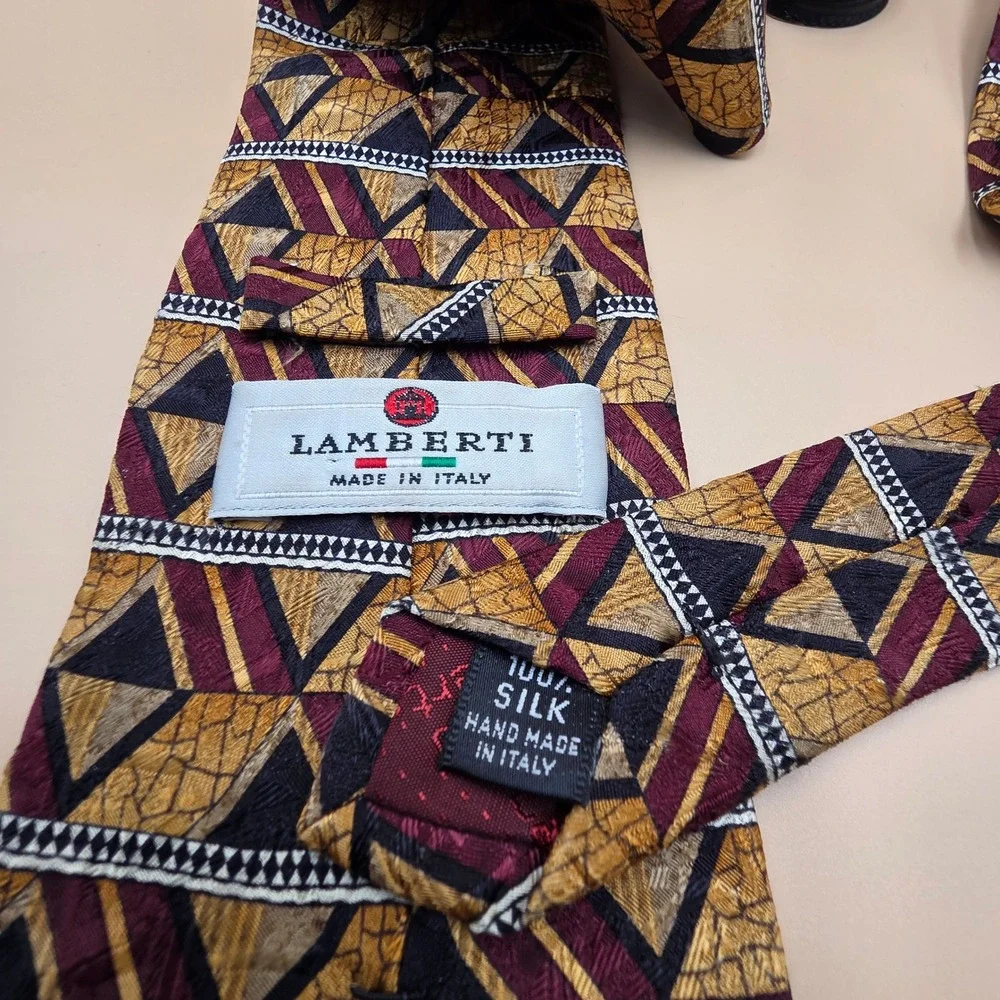 GianCarlo Lamberti Mens‎ Silk Tie Geometric Abstract Gold Burgundy Made in Italy